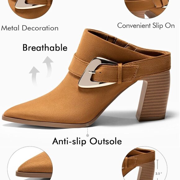 Womens Mules Boots Chunky Stacked Heel Pointed Toe Booties Slip On Dress Boot Sh - Picture 4 of 5